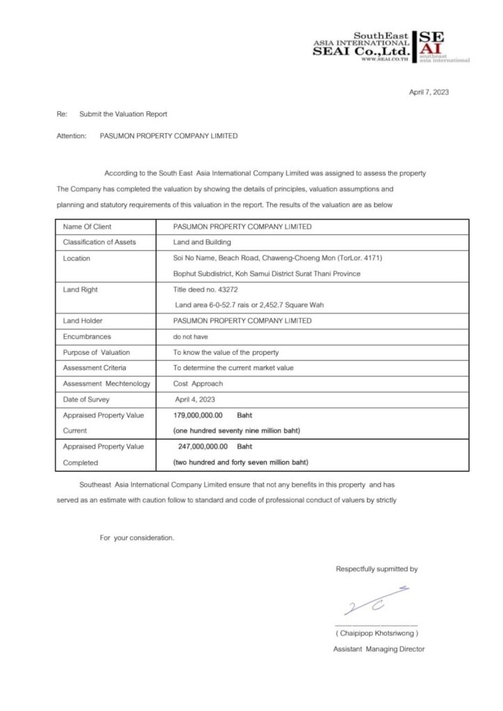 Valuation report for Pasumon Property Company Limited